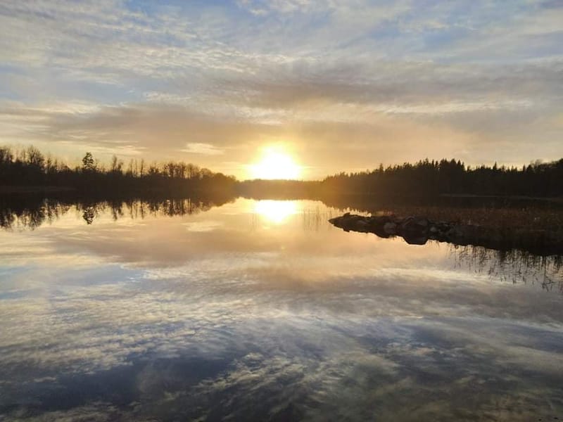 Solopgang i guld over den spejlblanke sø